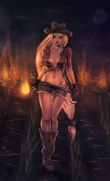 Size: 2595x4262 | Tagged: absurd resolution, applejack, artist:soranamae, axe, belly button, breasts, busty applejack, cleavage, clothes, daisy dukes, derpibooru import, discorded, female, fingerless gloves, fire, gloves, human, humanized, looking at you, midriff, open clothes, solo, solo female, suggestive, tailed humanization, torch