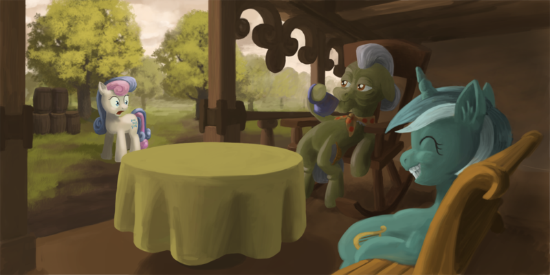 Size: 1680x840 | Tagged: armchair, artist:cannibalus, bench, bon bon, cup, derpibooru import, gasp, granny smith, interior, lyra heartstrings, rocking chair, safe, sitting, sweetie drops