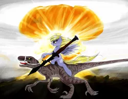 Size: 1124x878 | Tagged: safe, artist:madhotaru, derpibooru import, derpy hooves, dinosaur, pegasus, pony, velociraptor, badass, bridle, epic derpy, explosion, female, mare, mushroom cloud, nuclear weapon, open mouth, ponies riding dinosaurs, riding, rpg, rpg-7, smirk, spread wings