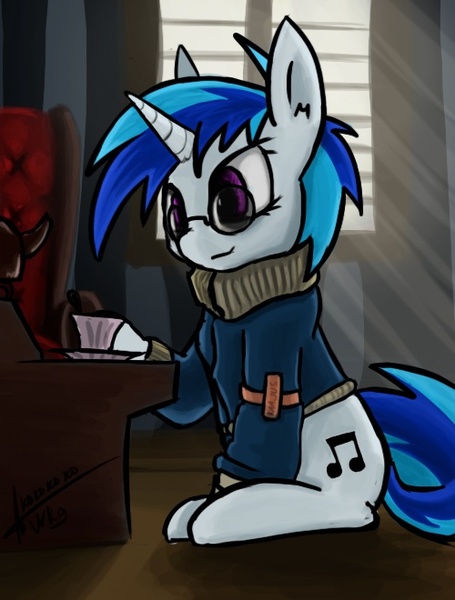 Size: 500x660 | Tagged: artist:rublegun, clothes, derpibooru import, glasses, safe, sweater, teacup, vinyl scratch