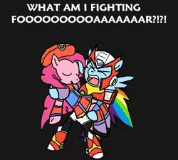 Size: 670x603 | Tagged: dead source, safe, artist:plantpony, derpibooru import, pinkie pie, rainbow dash, earth pony, pegasus, pony, armor, bipedal, clothes, crossover, eyes closed, female, iris (megaman), lesbian, mare, megaman, megaman x, pinkiedash, shipping, standing, yelling, zero