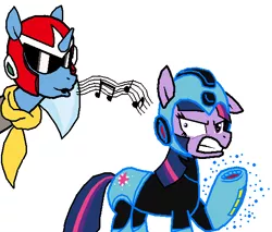 Size: 571x486 | Tagged: artist:plantpony, crossover, derpibooru import, megaman, megamare, proto man, safe, trixie, twilight sparkle