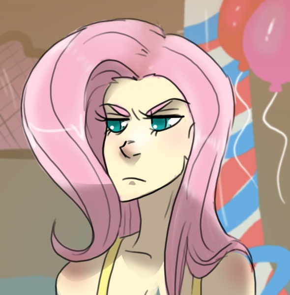 Size: 888x903 | Tagged: artist:shufflestripes, bust, colored pupils, dead source, derpibooru import, female, fluttershy, fluttershy is not amused, human, humanized, i'm a year older than you, portrait, safe, scene interpretation, solo, sugarcube corner, unamused