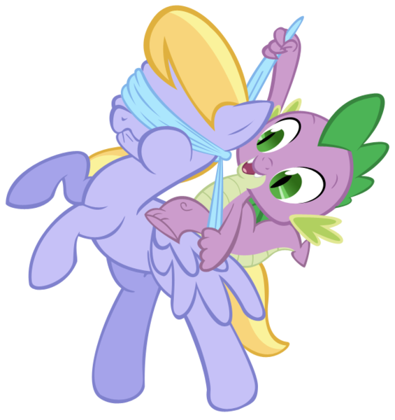 Size: 634x673 | Tagged: source needed, safe, artist:steeve, derpibooru import, cloud kicker, spike, dragon, pegasus, pony, bipedal, blindfold, dragons riding ponies, riding, riding a pony, simple background, spikicker, transparent background, vector
