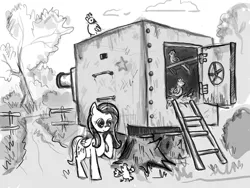 Size: 1024x768 | Tagged: artist:agm, bygone civilization, chicken, derpibooru import, fluttershy, kv-2, safe, tank (vehicle)