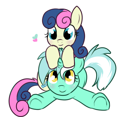 Size: 452x445 | Tagged: safe, artist:lulubell, derpibooru import, bon bon, lyra heartstrings, sweetie drops, earth pony, pony, unicorn, adorabon, blushing, cute, female, happy, heart, lesbian, lyrabetes, lyrabon, prone, shipping, simple background, sitting on person, smiling, transparent background