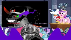 Size: 1244x700 | Tagged: semi-grimdark, derpibooru import, king sombra, princess cadance, shining armor, alicorn, pony, unicorn, the crystal empire, spoiler:s03, 1984, chaingun, coltstein, doom, female, gun, male, mare, pov, stallion