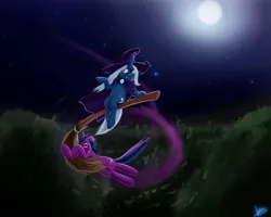 Size: 1500x1200 | Tagged: artist:rublegun, broom, contrail, derpibooru import, flying, flying broomstick, full moon, holding, lidded eyes, moon, night, night sky, open mouth, safe, screaming, shrug, sitting, trixie, twilight sparkle