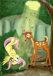 Size: 818x1158 | Tagged: safe, artist:bibliodragon, derpibooru import, fluttershy, deer, pegasus, pony, bambi, crash landing, crossover, cute, disney, fawn, female, male