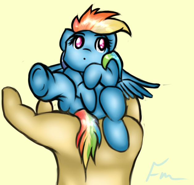 Size: 738x704 | Tagged: artist:fimirae, derpibooru import, hand, human, micro, rainbow dash, safe