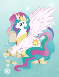 Size: 480x633 | Tagged: safe, artist:kurapika, derpibooru import, princess celestia, scroll, solo