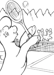 Size: 607x850 | Tagged: black and white, coloring page, derpibooru import, g2, grayscale, group, monochrome, safe, sports, tennis