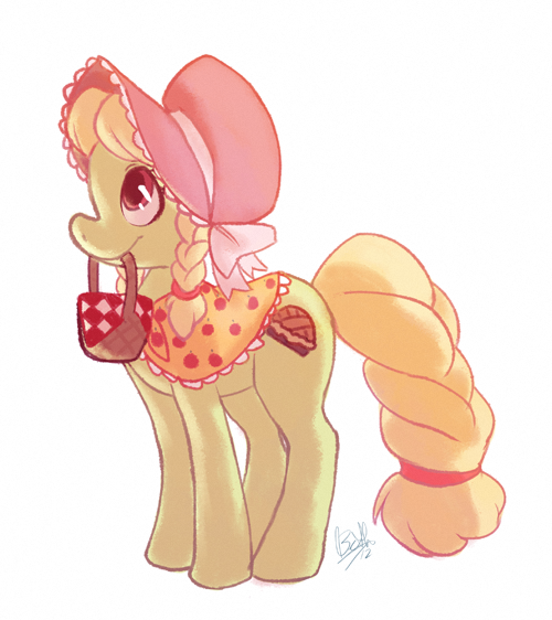 Size: 500x562 | Tagged: safe, artist:rollingrabbit, derpibooru import, granny smith, earth pony, pony, family appreciation day, adorasmith, basket, bonnet, braid, braided tail, cute, female, mare, mouth hold, pigtails, profile, simple background, solo, white background, young granny smith, younger