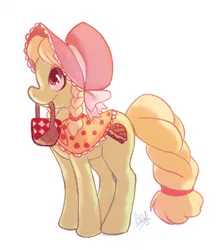 Size: 500x562 | Tagged: safe, artist:rollingrabbit, derpibooru import, granny smith, earth pony, pony, family appreciation day, adorasmith, basket, bonnet, braid, braided tail, cute, female, mare, mouth hold, pigtails, profile, simple background, solo, white background, young granny smith, younger