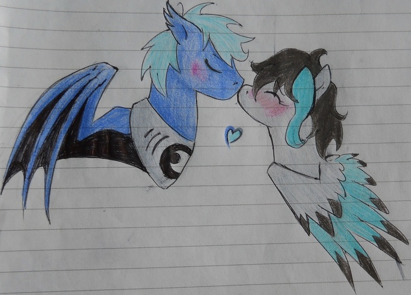 Size: 809x581 | Tagged: artist:mlp-hatersgonnahate, blushing, derpibooru import, heart, kissing, nightflare moon, oc, safe, unofficial characters only