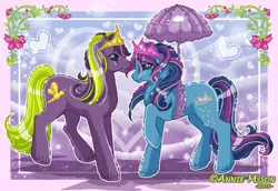Size: 600x413 | Tagged: safe, artist:anniemsson, derpibooru import, prince firefly, princess silver rain, earth pony, pony, female, g2, heart, looking at each other, male, mare, raised hoof, shipping, silverfly, smiling, stallion, straight, umbrella