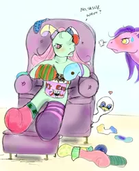 Size: 542x669 | Tagged: angry, artist needed, chair, clothes, derpibooru import, dialogue, duck, g3, heart, kimono, minty, oh minty minty minty, red face, safe, socks, striped socks