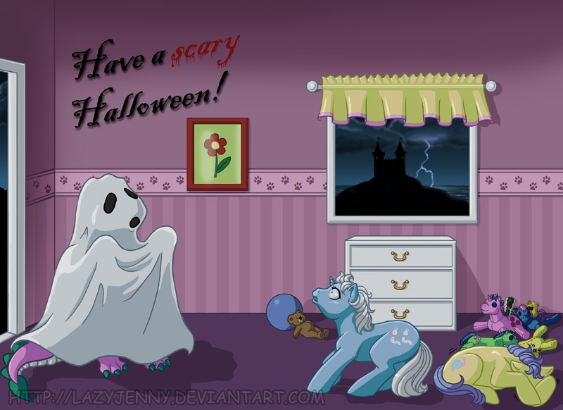 Size: 800x582 | Tagged: safe, derpibooru import, spike (g1), dragon, earth pony, pony, unicorn, ball, bedsheet ghost, clothes, colored claws, costume, cowering, doll, female, filly, foal, g1, ghost costume, halloween, halloween costume, looking up, male, night, scared, squirmy, teddy bear, toy, trio, wiggles