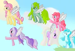 Size: 900x614 | Tagged: artist:walldaisy, derpibooru import, flutter pony, forget me not, g1, g1 to g4, generation leap, honeysuckle, lily (g1), morning glory, peach blossom, rosedust, safe