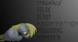 Size: 900x491 | Tagged: safe, artist:chriss88, derpibooru import, derpy hooves, pegasus, pony, bullying, crying, derpygate, disembodied thoughts, female, mare, sad, save derpy