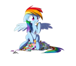 Size: 1106x966 | Tagged: artist:affanita, derpibooru import, no more ponies at source, pile, rainbow dash, safe, sitting, solo