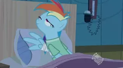Size: 747x413 | Tagged: safe, derpibooru import, screencap, rainbow dash, pegasus, pony, read it and weep, bed, female, hospital, hub logo, mare, out of context, pillow, solo
