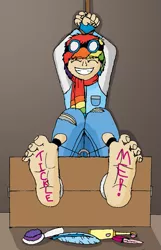Size: 483x750 | Tagged: artist:shadow-aspect, barefoot, bondage, derpibooru import, eyes closed, feet, foot fetish, goggles, grin, humanized, male, male feet, rainbow blitz, rainbow dash, rule 63, smiling, soles, solo, solo male, stocks, suggestive, tickle torture, tickling, toes, toe tied