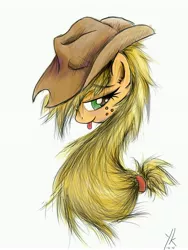 Size: 3543x4724 | Tagged: safe, artist:ykchiropter, derpibooru import, applejack, earth pony, pony, :p, bedroom eyes, blushing, bust, cowboy hat, hat, messy mane, profile, smiling, solo, stetson, tongue out