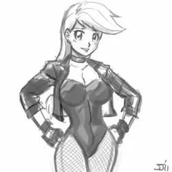 Size: 700x700 | Tagged: applebucking thighs, applejack, artist:johnjoseco, black canary, breasts, busty applejack, clothes, cosplay, costume, crossover, dc comics, derpibooru import, female, grayscale, human, humanized, monochrome, solo, solo female, suggestive