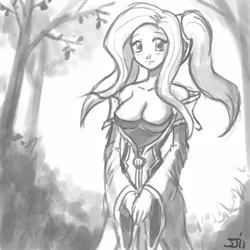 Size: 700x700 | Tagged: artist:johnjoseco, breasts, busty fluttershy, cleavage, clothes, cosplay, costume, crossover, derpibooru import, female, fluttershy, grayscale, human, humanized, league of legends, monochrome, solo, solo female, sona, suggestive