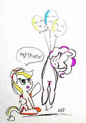 Size: 416x592 | Tagged: semi-grimdark, artist:danadyu, derpibooru import, applejack, pinkie pie, earth pony, pony, balloon, blushing, cute, death, dialogue, duo, eyes closed, female, floating, grimcute, hanging, hanging (by neck), hat, looking up, mare, open mouth, partial color, ponytail, raised hoof, sitting, smiling, speech bubble, then watch her balloons lift her up to the sky