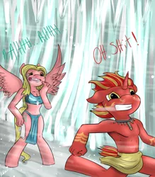 Size: 1280x1463 | Tagged: anthro, artist:venauva, bare chest, belly button, cave, cleavage, clothes, cold, derpibooru import, female, fire, ice, loincloth, midriff, oc, oc:pyro, oc:typhoon, safe, sick, sneezing, snow, topless, tribal, unguligrade anthro, unofficial characters only, wind