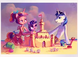 Size: 3438x2539 | Tagged: safe, artist:holivi, derpibooru import, princess cadance, shining armor, twilight sparkle, alicorn, anthro, unguligrade anthro, unicorn, arm hooves, bare chest, beach, bikini, clothes, female, image, jpeg, lilo and stitch, male, sandcastle, swimsuit, teen princess cadance, unicorn twilight, younger