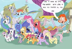 Size: 990x679 | Tagged: safe, artist:trey-vore, derpibooru import, apple bloom, applejack, big macintosh, derpy hooves, fluttershy, granny smith, pinkie pie, princess celestia, princess luna, rainbow dash, rarity, scootaloo, spike, sweetie belle, twilight sparkle, earth pony, human, pony, chase, crossover, crying, elmyra, end of the world, horror, invasion, male, nope, parody, s1 luna, stallion, this will end in tears and/or death and/or covered in tree sap, this will not end well, tiny toon adventures, varying degrees of want, xk-class end-of-the-world scenario