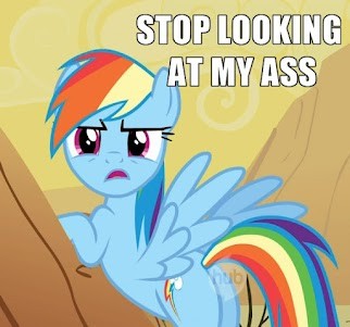 Size: 322x301 | Tagged: safe, derpibooru import, edit, edited screencap, screencap, rainbow dash, pegasus, pony, over a barrel, butt, caption, cropped, desert, female, hub logo, mare, plot, rainbutt dash, vulgar