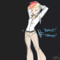 Size: 1000x1000 | Tagged: artist:johnjoseco, artist:redge, breasts, colored, color edit, dancing, derpibooru import, disco, edit, female, hip thrust, hot stuff, human, humanized, pelvic thrust, rainbow dash, saturday night fever, sexy, simple background, solo, solo female, stupid sexy rainbow dash, suggestive