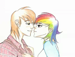 Size: 3229x2463 | Tagged: artist:midnight-silence, big macintosh, derpibooru import, female, humanized, male, nuzzling, rainbow dash, rainbowmac, safe, shipping, straight