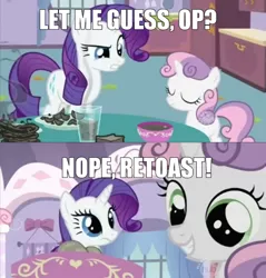 Size: 500x522 | Tagged: burnt juice, derpibooru import, hub logo, image macro, liquid toast, pun, rarity, safe, screencap, sisterhooves social, sweetie belle