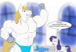 Size: 1170x810 | Tagged: suggestive, artist:caseyljones, derpibooru import, prince blueblood, rarity, anthro, pony, unicorn, bare chest, clothes, comic sans, expansion, juice box, muscles, overdeveloped muscles, pony to anthro, prince beefblood, topless