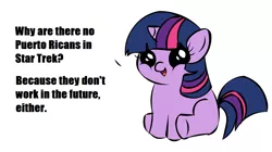 Size: 1194x668 | Tagged: derpibooru import, filly twilight telling an offensive joke, meme, puerto rico, racism, safe, star trek, twilight sparkle