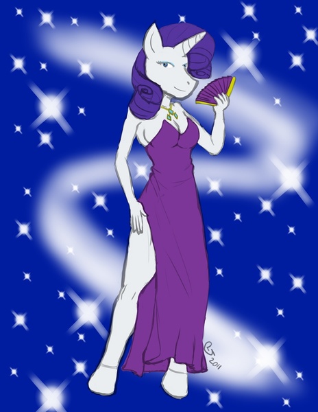 Size: 765x990 | Tagged: anthro, artist:caseyljones, cleavage, clothes, derpibooru import, dress, fan, female, rarity, safe