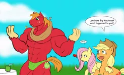 Size: 1260x765 | Tagged: suggestive, artist:caseyljones, derpibooru import, applejack, big macintosh, anthro, bare chest, blushing, clothes, comic sans, crotch bulge, expansion, female, fluttermac, great macintosh, heart, juice box, male, muscles, overdeveloped muscles, pony to anthro, shipping, straight, topless