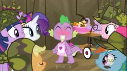 Size: 856x478 | Tagged: applejack, derpibooru import, dragon quest, hub logo, mane seven, pinkie pie, rainbow dash, rarity, safe, screencap, spike, twilight sparkle, youtube caption