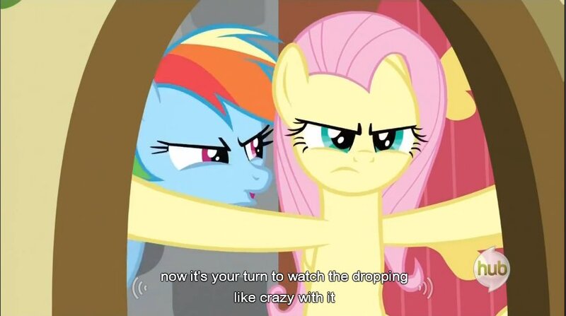 Size: 856x478 | Tagged: safe, derpibooru import, screencap, fluttershy, rainbow dash, dragon quest, hub logo, youtube caption