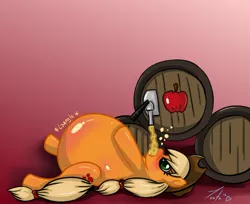 Size: 1280x1047 | Tagged: apple, applejack, artist:toes, barrel, belly, blushing, cider, derpibooru import, digestion, inflation, safe