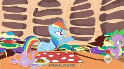 Size: 856x478 | Tagged: safe, derpibooru import, screencap, rainbow dash, spike, dragon quest, hub logo, youtube caption