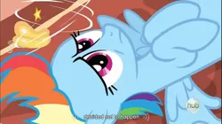 Size: 856x478 | Tagged: safe, derpibooru import, screencap, rainbow dash, dragon quest, circling stars, hub logo, youtube caption