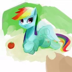 Size: 1300x1300 | Tagged: safe, artist:jesrartes, derpibooru import, rainbow dash, pegasus, pony, apple, applejack's hat, cowboy hat, female, food, hat, mare, prone, solo