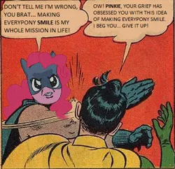 Size: 400x387 | Tagged: batman, derpibooru import, meme, my parents are dead, pinkie pie, robin, safe, slap, smile song