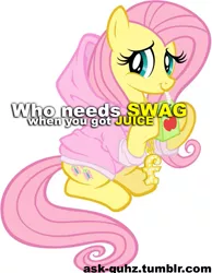 Size: 745x960 | Tagged: artist:are-you-jealous, artist:tygerbug, clothes, derpibooru import, drink, fluttershy, gangsta, hoodie, hug life, juice, juice box, safe, swag